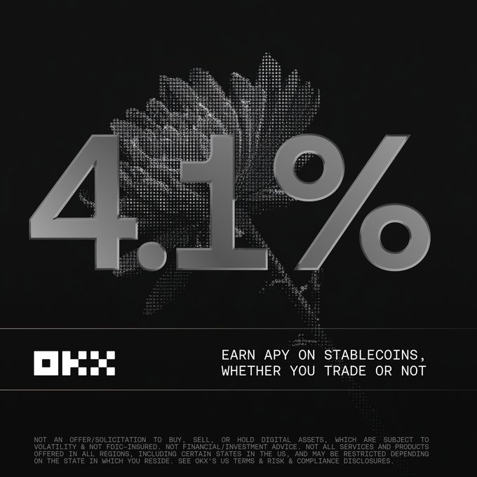 The image shows a promotional graphic for OKX featuring the text "4.1% APY on stablecoins, whether you trade or not" overlaid on a stylized digital hand graphic, supporting the post's highlight of OKX's eligible US VIP program offering up to 4.1% APY on USDG with no lock-up required.
