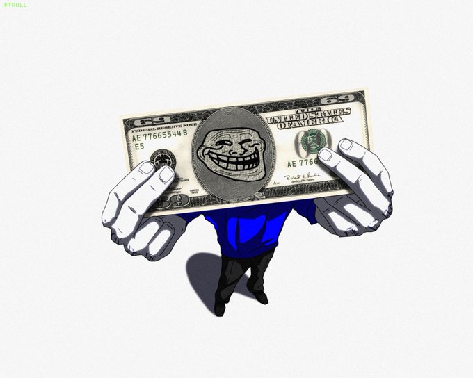 A cartoon figure holds up a $50 bill with the "Trollface" meme replacing the central portrait, with "#TROLL" written in the corner. This accompanies the "this is fud" caption by visually mocking dismissals or false negativity, symbolizing the skepticism and ridicule often directed at fear-mongering claims in crypto discussions.