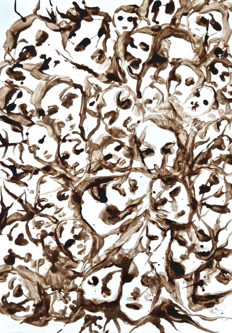 An abstract painting features swirling brown and black ink-like shapes on a white background, resembling ghostly faces or figures.