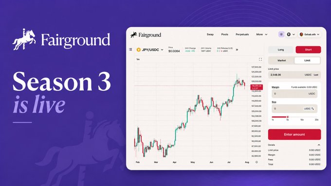 The image promotes Fairground Season 3 with a bold "Season 3 is live" message alongside a trading interface screenshot showing the JPY/USDC perpetual pair priced at $0.0004 with a candlestick chart, directly illustrating the testnet trading opportunity mentioned in the post where users can earn XP through daily test token trades and counterparty rebates.