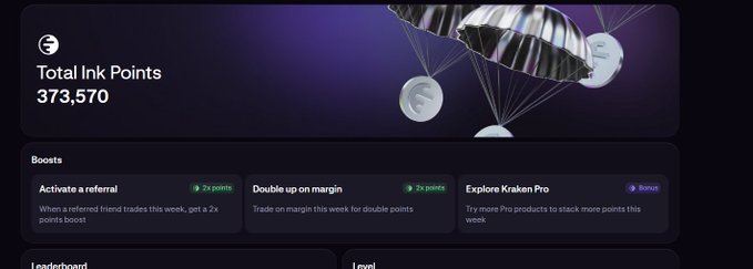 The image displays a Kraken loyalty dashboard showing "Total Ink Points" of 373,570, with active boosts including "Activate a referral" (2x points), "Double up on margin" (2x points), and "Explore Kraken Pro" (Bonus). This visualizes the user's accumulated $INK rewards on Kraken, tying directly to the post about sharing referral/boost results ahead of the $INK token launch.