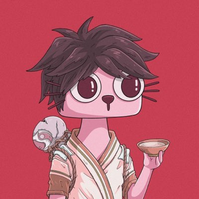 A cartoon illustration of a pink anthropomorphic character with messy dark hair, big eyes, and cat-like whiskers, wearing tattered clothing and holding what appears to be a small cup or bottle against a red background.