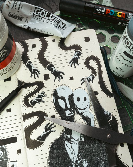 The image features a black and white sketch of a man with a mask, surrounded by various art supplies such as paintbrushes, markers, and scissors. The sketch appears to be part of an album or notebook filled with different drawings and illustrations. The post in question is about a performance called "THE PERFORMANCE" that has been assigned to @TransientLabs.