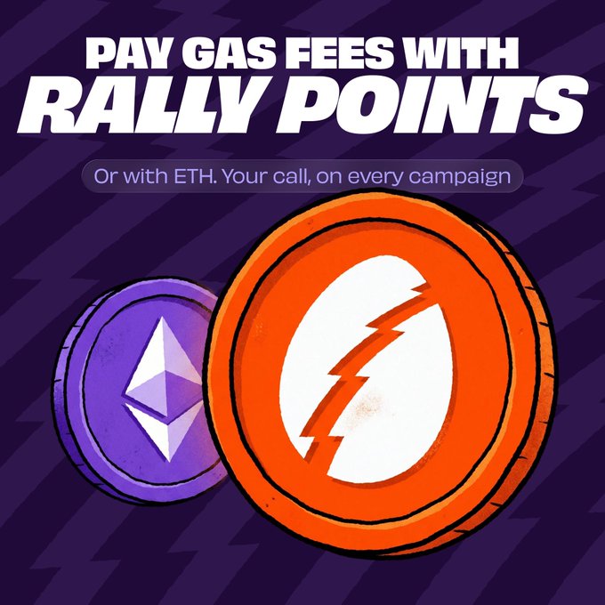 The image features two coins - one orange and one purple - sitting side by side against a dark background with a lightning bolt pattern. The text "Pay Gas Fees With Rally Points" is written above the coins, indicating that these coins can be used as payment for rally points in an online gaming community or similar platform.
