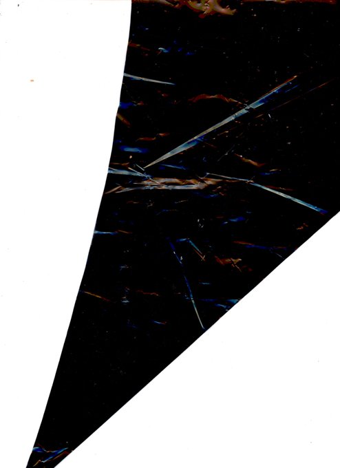 A black triangular shape with iridescent, colorful streaks and lines is shown against a white background.