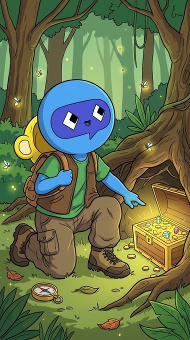 A cartoon illustration of a blue character with a backpack kneeling in a forest, discovering an open treasure chest filled with gold coins and gems at the base of a tree.