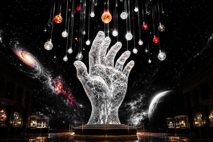 A translucent crystal hand rises from a dark museum-like space beneath a starry cosmos with galaxies, planets, and hanging glowing orbs dangling on strings.