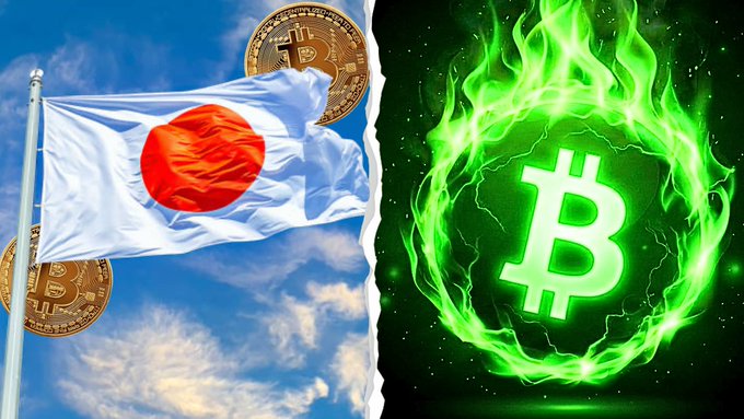 A split image showing the Japanese flag with Bitcoin coins on the left, and a green flaming Bitcoin symbol on the right.