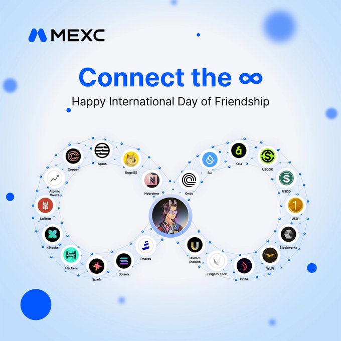 MEXC exchange promotional graphic titled 'Connect the ∞' for International Day of Friendship, featuring an infinity symbol made of various crypto token logos including Aptos, DogeOS, Sui, Kaia, USDD, Ondo, and Solana.