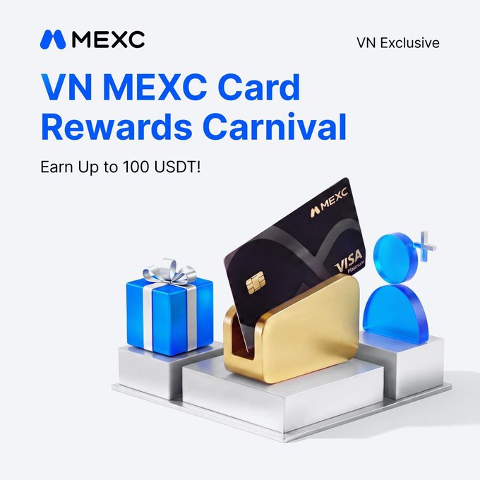 A promotional graphic for MEXC's 'VN MEXC Card Rewards Carnival' offering 'Earn Up to 100 USDT!' featuring a black MEXC Visa card on a gold stand next to a blue gift box and user icon.
