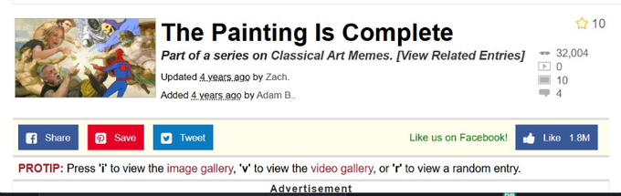 A webpage header for an article titled 'The Painting Is Complete,' part of a series on Classical Art Memes, showing 32,004 views, 10 stars, and 1.8M Facebook likes.