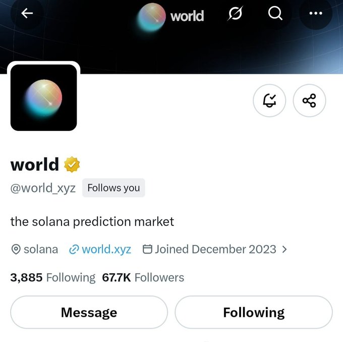 An X (formerly Twitter) profile page for 'world' (@world_xyz) describes it as 'the solana prediction market' based in solana, showing 3,885 Following and 67.7K Followers.