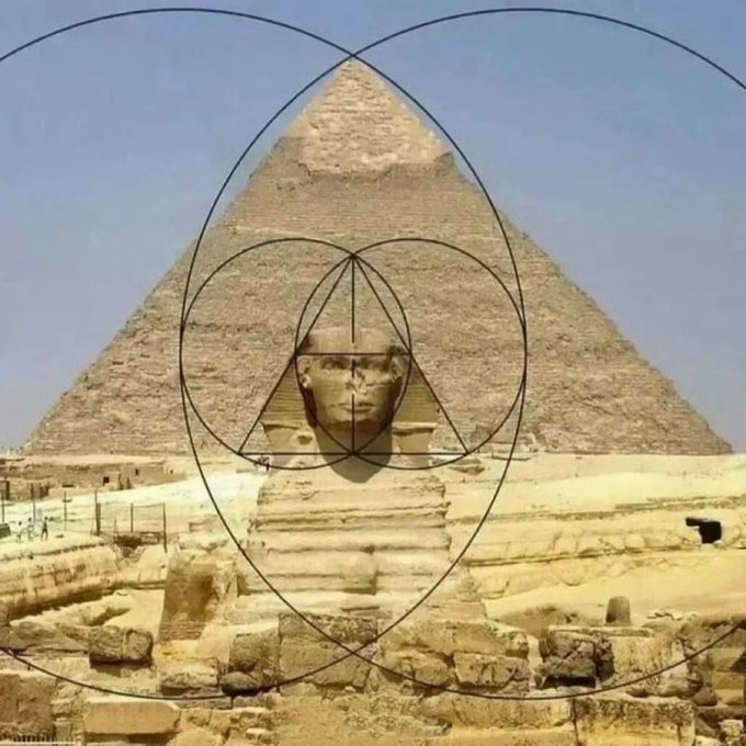 The Great Pyramid of Giza is shown overlaid with geometric designs and the face of the Sphinx.