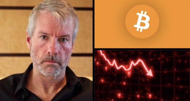 The image shows Michael Saylor alongside a Bitcoin (₿) logo and a red downward-trending graph, visually reinforcing the post's claim that Saylor's "never sell" Bitcoin strategy may be ending amid a market downturn.