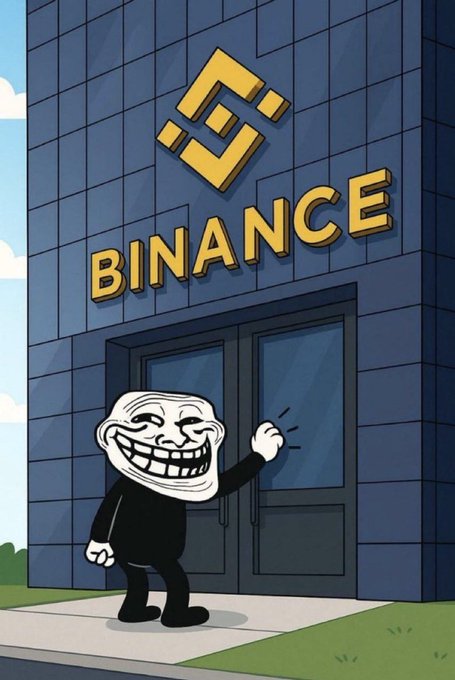 A trollface character is knocking on the doors of a Binance building, humorously asking when the $TROLL cryptocurrency will be listed.