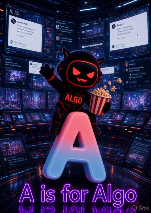 A black cartoon cat character labeled "ALGO" sits atop a glowing neon letter "A" while eating popcorn, surrounded by multiple monitors displaying Twitter/X posts. The caption reads "A is for Algo," matching the accompanying post's playful alphabet lesson where "A is for Algo."