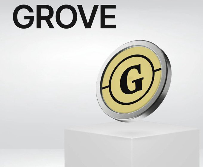 Logo image showing the word 'GROVE' above a gold coin with a 'G' symbol displayed on a white pedestal.