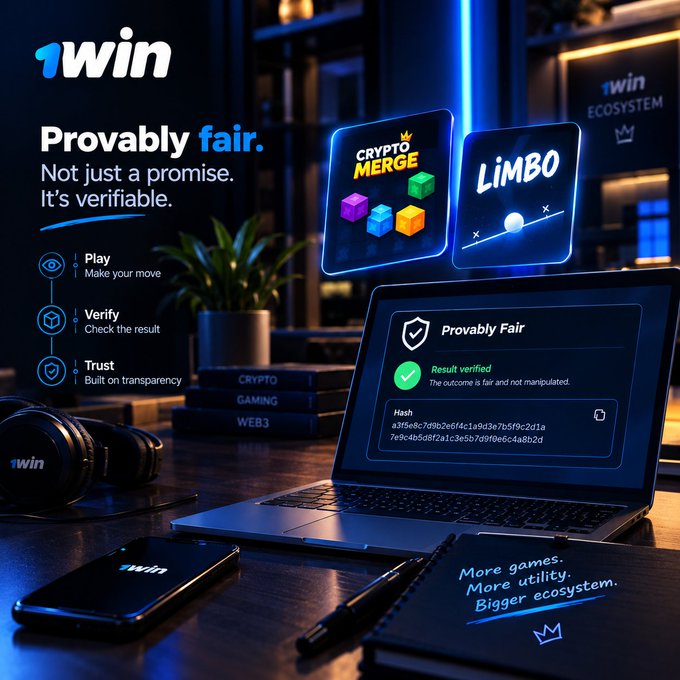 A promotional graphic for 1Win's provably fair gaming system displays 'Provably fair. Not just a promise. It's verifiable.' alongside 'CRYPTO MERGE' and 'LIMBO' game tiles.