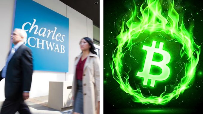 A split image showing people walking past a Charles Schwab office on the left, and a Bitcoin symbol surrounded by green flames on the right.