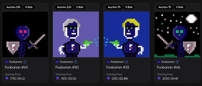 The image displays four different images of foobarians, each with their own unique character. The background color for all four images is purple, creating a cohesive theme throughout the collection. There are no texts or additional objects present in the image. The main focus of this post appears to be the collection and sale of foobarian characters on Soon Market, which offers a variety of options that may appeal to collectors with different preferences and budgets.