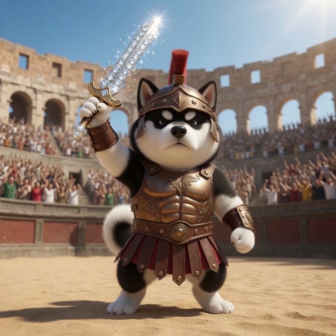 The image features a dog dressed as a Roman soldier, standing on a sandy beach with its arms raised high above its head. The dog's costume includes a helmet and a sword, giving it an impression of strength and valor. In the background, there is a crowd of people watching the scene unfold, adding to the overall atmosphere of excitement and adventure.