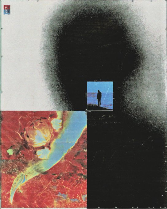 A collage-style artwork combines a large black spray-painted circle, a small central photograph of a person by the sea, and a red-toned satellite image of a coastal inlet.