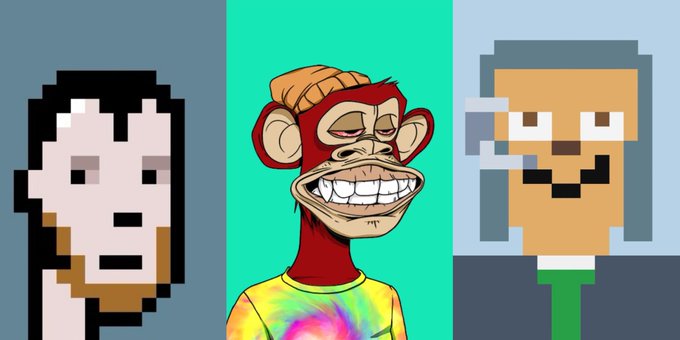 A trio of crypto meme characters including a pixel-art figure, a Bored Ape-style monkey wearing a beanie and tie-dye shirt, and a pixelated figure with glasses.