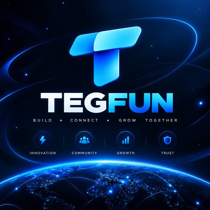 The promotional graphic for TEGFUN features a stylized "T" logo and the tagline "BUILD • CONNECT • GROW TOGETHER," highlighting four core pillars—Innovation, Community, Growth, and Trust—set against a glowing blue Earth backdrop, which visually reinforces the post's message about an expanding, globally-connected RH chain ecosystem.