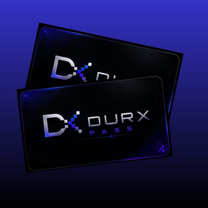 Two glowing black cards with purple accents display the logo "DURX PASS" against a blue background.
