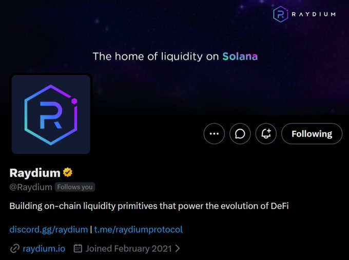 Raydium Twitter profile described as 'The home of liquidity on Solana,' building on-chain liquidity primitives for DeFi.