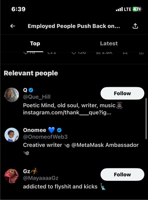 A screenshot of X (formerly Twitter) displays the "Relevant people" section under a trending topic titled "Employed People Push Back on..." featuring user accounts including @Que_Hill, @OnomeofWeb3, and @MayaaaaaGz, with the post captioning "Oh I'm trending Cool tek" referencing the user's appearance on Twitter's trending sidebar.