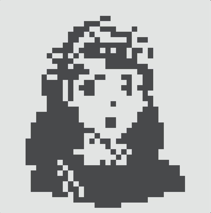 A black and white pixel art portrait of a figure wearing a bandana, glasses, and a necklace against a white background.