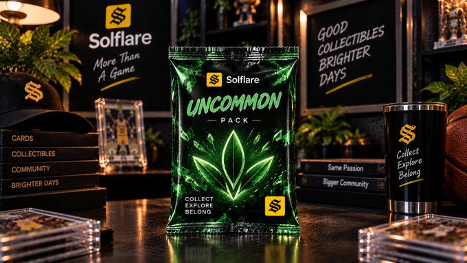 A product display featuring a green 'Uncommon Pack' card pack with a glowing leaf design by 'Solflare', surrounded by slogans like 'More Than A Game', 'GOOD COLLECTIBLES BRIGHTER DAYS', and 'Collect Explore Belong'.