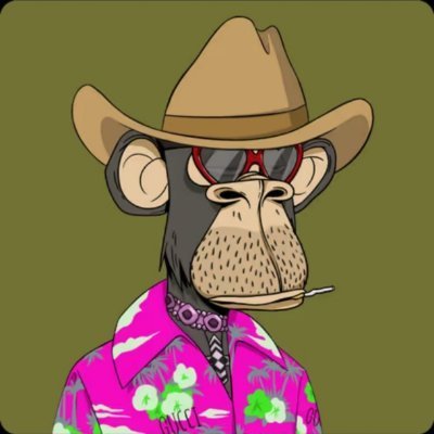 A cartoon monkey character wearing a tan cowboy hat, red sunglasses, and a bright pink floral Hawaiian shirt, with a small stick in its mouth.