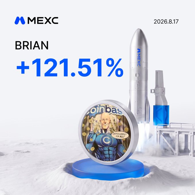 A MEXC promotional graphic dated 2026.8.17 showcases the $BRIAN token's +121.51% surge, featuring a rocket launching from a moon-like surface alongside a coin depicting Coinbase CEO Brian Armstrong styled as a superhero with the words "Coinbase" and "Crypto reigns for all!" — visually celebrating the token's dramatic price mooning highlighted in the caption.