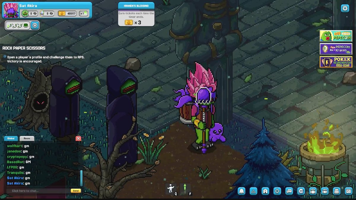 A screenshot of a pixel-art online game showing a character named 'Sat Akira' in purple armor holding a hammer, with chat visible on the left and game UI elements including 'KRAMER'S BLESSING' and 'ROCK PAPER SCISSORS' challenge instructions.