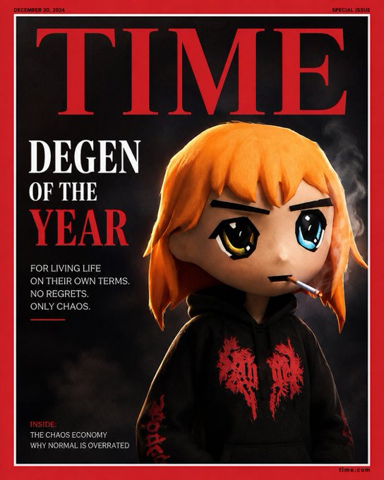 A TIME magazine cover from December 30, 2024 titled 'Degen of the Year' featuring an anime-style character with orange hair smoking a cigarette, with text about living life on their own terms.