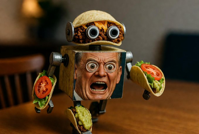 A surreal robot figure with a screaming man's face on its torso, a taco for a head, and arms and legs made of various taco ingredients including tomatoes, lettuce, and guacamole.