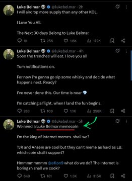 Three tweets from Luke Belmar (@lukebelmar) about airdrops, 'meme coin' launches, and teasing 'turn notifications on' for announcements.
