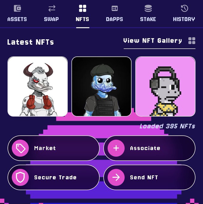A mobile crypto wallet interface showing the NFTs tab with three NFT characters displayed, navigation options for Market, Associate, Secure Trade, and Send NFT, and a note indicating 'Loaded 395 NFTs'.