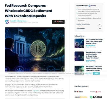 A BitStarz news article titled "Fed Research Compares Wholesale CBDC Settlement With Tokenized Deposits" featuring an illustration of a Bitcoin coin over a classical government building.