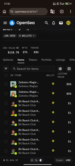 A screenshot of the OpenSea website (opensea.io/arlor1) displaying a portfolio view with a USD value of $118.78, showing 38 NFT items including 'Zaibatsu Wagie' priced at $99 and several 'Bit Beach Club' NFTs at $1 each.