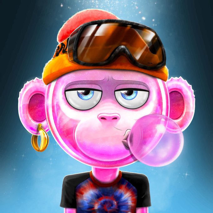A 3D-rendered NFT-style character with a pink face, wearing ski goggles, an orange beanie, a tie-dye shirt, and a gold earring, blowing a pink bubblegum bubble.