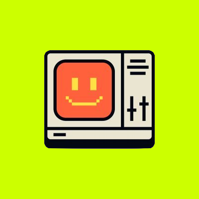 A minimalist cartoon icon of a retro computer or monitor with a yellow smiley face on its red screen, set against a bright green background.