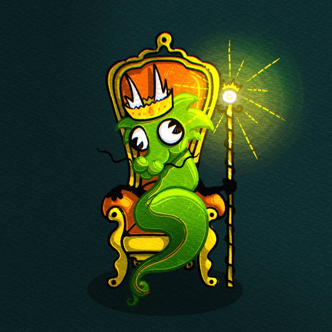 An illustration of a cartoon green seahorse wearing a crown, sitting on a golden throne, and holding a glowing scepter.