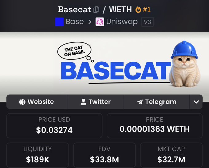 A cryptocurrency trading interface showing 'Basecat / WETH' on Base Uniswap V3, with price at $0.03274 / 0.00001363 WETH, liquidity of $189K, FDV of $33.8M, and market cap of $32.7M, featuring a cat in a blue hard hat with the tagline 'THE CAT ON BASE.'