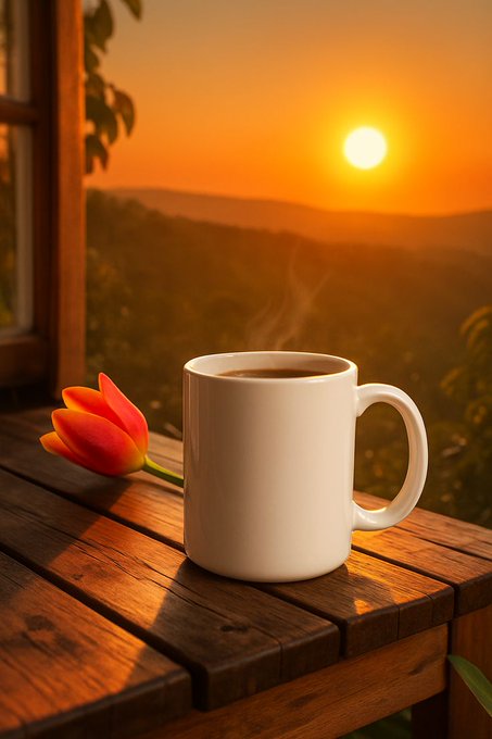 A steaming white coffee mug sits on a rustic wooden windowsill beside a vibrant red and yellow tulip, with a warm orange sunset glowing over rolling hills in the background.