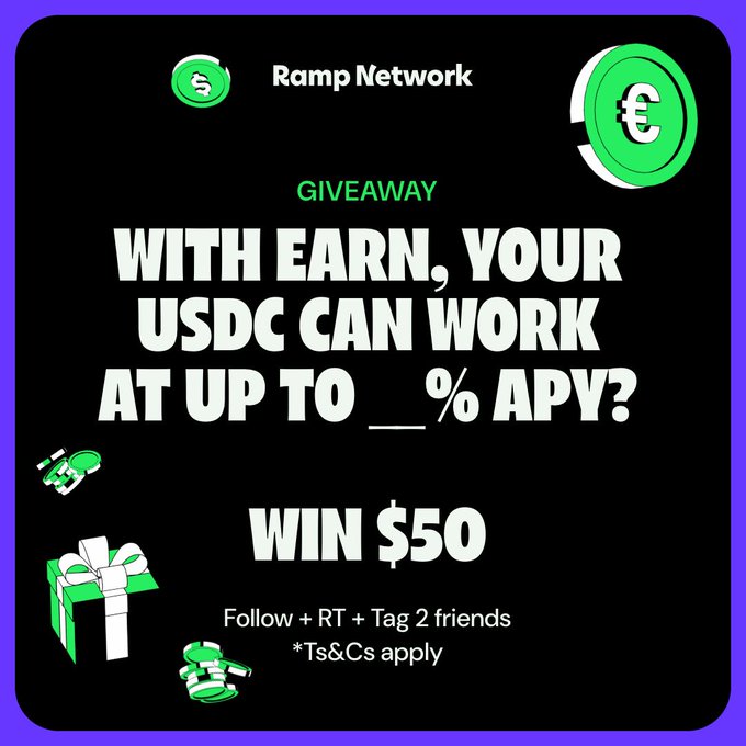 A promotional giveaway graphic from Ramp Network featuring green coin and gift box illustrations on a black background, asking followers to fill in the blank for "With Earn, your USDC can work at up to __% APY?" with a chance to win $50 by following, retweeting, and tagging two friends.