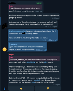 The image shows a group chat conversation where @admin, @Sai4o, @jiaqiha_research, @Surfing, and @salpha discuss AI-generated coin utility, with @Salpha identifying $FLYBRAIN (deployed Sep7, 2024, supply 138116, mentioned by @fly) as the first coin to properly utilize the fly brain AI model—directly supporting the post's thesis that $FLYBRAIN should moon for leveraging the viral fly brain model.