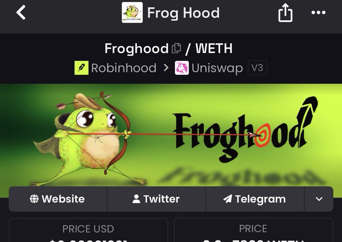 A cryptocurrency page showing the 'Frog Hood' token (Froghood / WETH) available on Robinhood and Uniswap V3, featuring a cartoon frog dressed as Robin Hood.